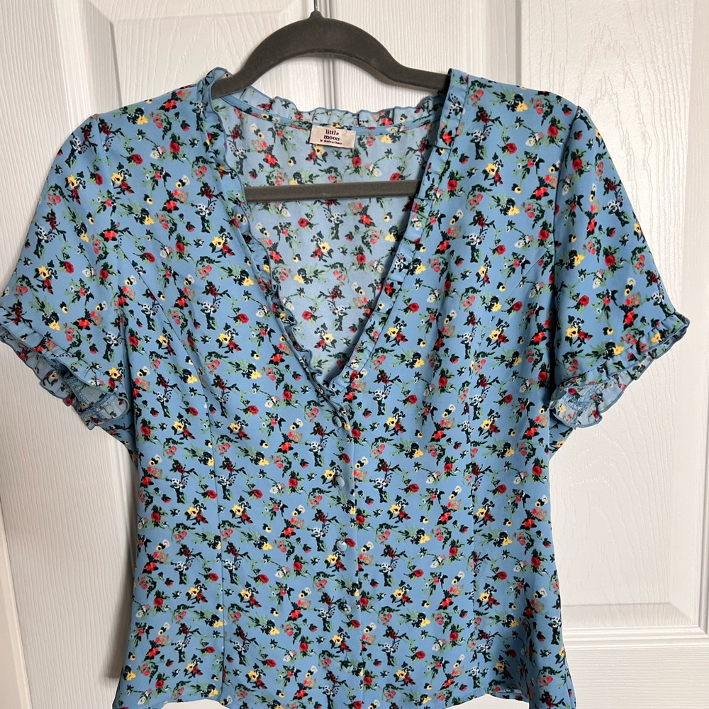 Little Moon Blue Short Sleeve Button Up Blouse